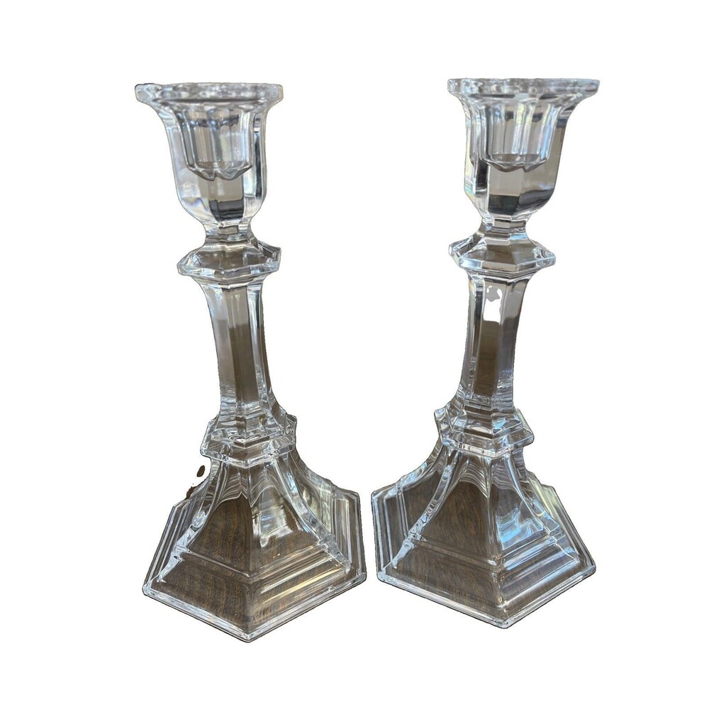 Vintage 8" Clear Crystal Candlesticks 24% Lead Crystal Hexagon Base Set 2